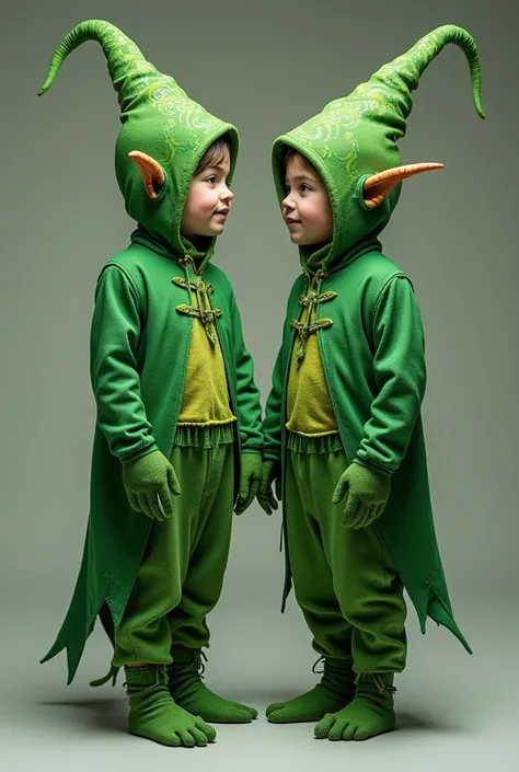 Two ren,  girl and boy in green goblin costume and green hat, Without showing their skin 