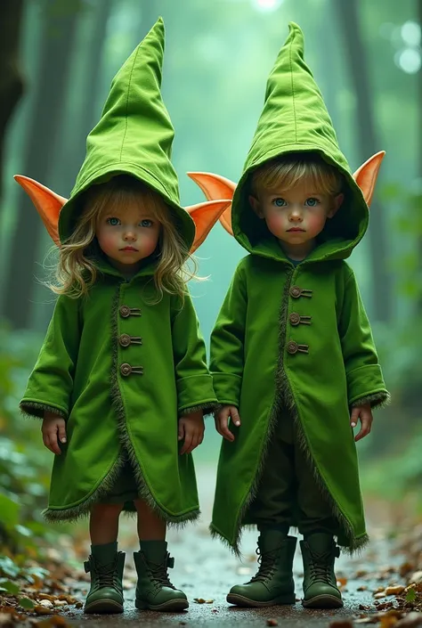 Two ren,  girl and boy in green goblin costume and green hat, Without showing their skin , And both of you are looking forward