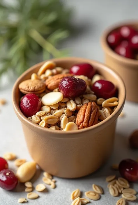 The round shaped cup cukes made of oats , plane tree, Cranberries and nuts ,  all products are healthy , It comes in a small box, this one is striking and very special that comes with surprises as a phrase, figures or gifts 