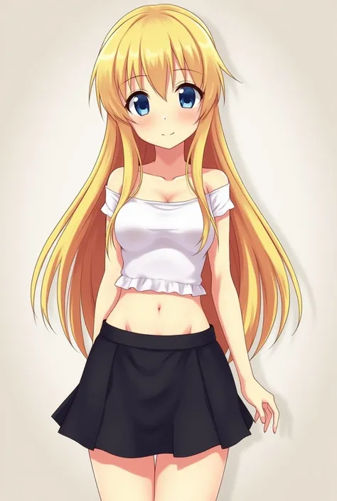 Anime woman with long blond hair  , blue eyes thin eyebrows ,  small mouth  , small head , hourglass body with a small white top and a small black skirt around the hips you can see a flat abdomen and a small waist