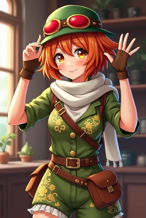 Beautiful Asian woman, 18 years 

A lively and detailed cosplay of a cheerful anime-style adventurer character, featuring spiky, layered orange-brown hair and vibrant yellow eyes. The costume includes an olive-green outfit with intricate golden embroidery,...