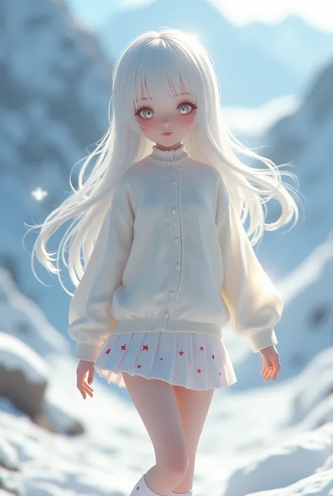 An Alpine Girl .  Snow White Skin .  Long White Hair and Fringe .  Bright Fluffy White Eyes.  Thin Face Fluffy Cheeks Lightly in Pink Tones .  Soft Reddish Lips 1 ,66 tall.  Dressed in a White Cardigan With Stars Printed on It,  A White Pleated Mini Skirt ...