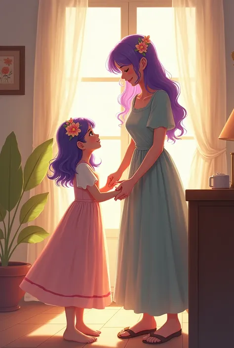 A girl with purple hairs wearing long frock with her mother  it to her home taking care of her house they are living happily 