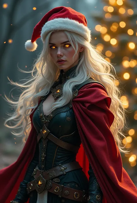 woman,white hair, golden eyes, glowing eyes ,red cloak,black clothes,  Christmas hat , Christmas scenario, Christmas tree,dark,medieval, warrior ,night