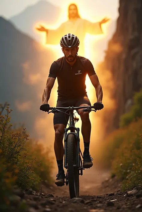  An image of a cyclist being illuminated by the presence of Jesus Christ.   The cyclist is wearing uniform , ele é um atleta de mountain bike.  Make in size 9 :16