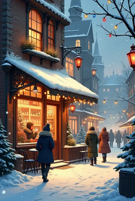 Illustration of Beautiful winter atmosphere cozy city environment, coffee  shop there --ar 16:9