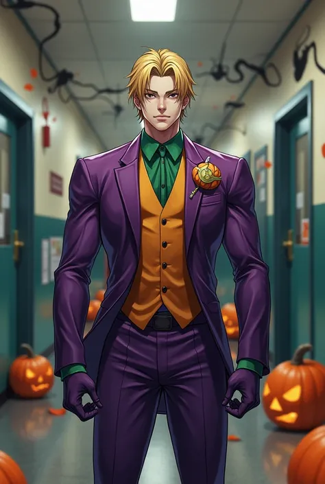  A blond boy with straight hair with bangs on his forehead .  Muscular and defined athlete body . DC Joker costume.  The atmosphere is the high school corridor with Halloween decorations.  Seinen Anime version image .