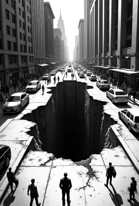  A big street with a big hole. comic book style.  black and white image.  perspective from above.