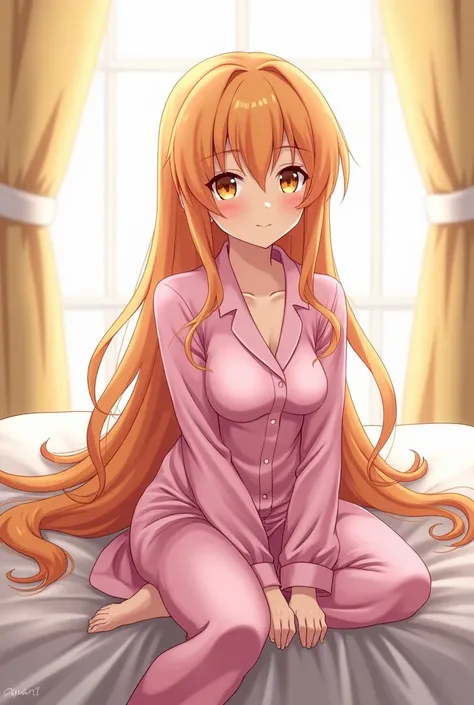 figure in pink robe sitting on bed, 1 girl, solo, long hair, sitting, breasts, looking at viewer, curtains, pajamas, long sleeves, very long hair, on bed, window, indoors, blush, large breasts, smile, shirt, pants, light orange hair and golden yellow eyes