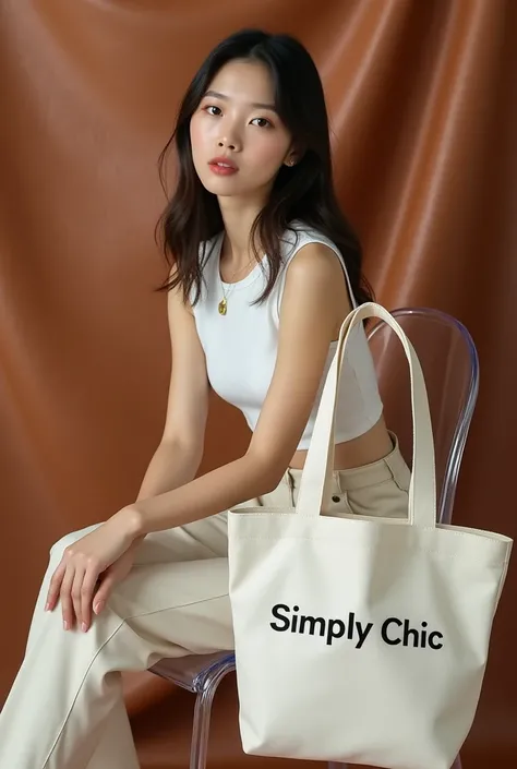 This photo shows a pile of leather, a 17-year-old Korean model in a white SXR T-shirt, sitting on a curved transparent chair, placing a white canvas tote bag in front, seen in full view, from the SXR brand, which features a functional, fashionable, high-fa...