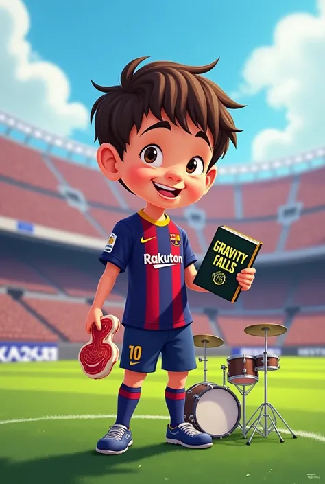 Create the cartoon of a boy standing on a soccer field for Barcelona who is holding a piece of meat in one hand and in the other hand the book from the series Gravity Falls and close to him is the musical instrument, the drums. 