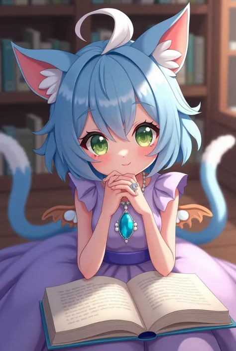  Make me a character that has light blue hair with a white tuft 
One eye is white with a green pupil shaped like a bay leaf and the other a bright yellow one 
With light blue cats tail and ears and brown wings 
Dressed in a pastel purple dress ideal for su...