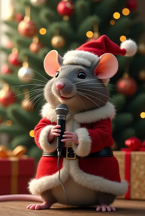 Rat dressed in Santa Claus costume with microphone in front of the New Year tree 