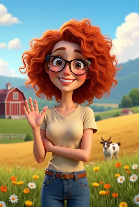 Pixar-inspired 3d poster red-haired woman,  curly hair, freckles,  glasses, Making a positive sign,on the farm  