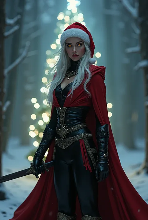 woman,white hair, golden eyes, glowing eyes ,red cloak,black clothes,  Christmas hat , Christmas scenario, Christmas tree,dark,medieval, warrior ,night, sword