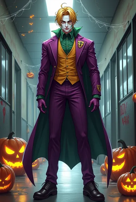  A blond boy with straight hair with bangs on his forehead .  Muscular and defined athlete body . DC Joker costume.  The atmosphere is the high school corridor with Halloween decorations.  Seinen Anime version image .