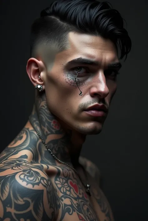 Make a man dark, Corte de cabelo French crop,all tattooed,  full lips ,  black hair,  mouth and eyebrow piercing,  tattoo under the eye , marked jaw