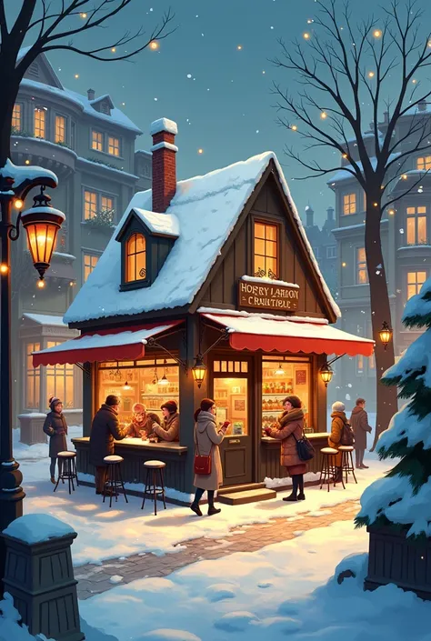 Illustration of Beautiful winter atmosphere cozy city environment, coffee  shop there --ar 16:9