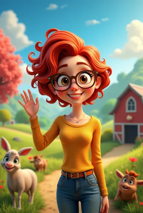  Pixar-inspired 3d poster red-haired woman,  curly hair, freckles,  glasses, Making a positive sign with her hand ,on the farm  