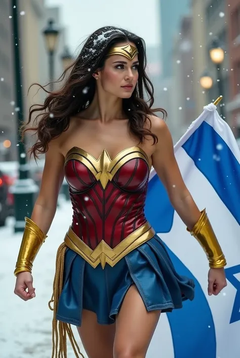 Full shot of a woman portraying Wonder Woman, in a dynamic pose, likely from a movie or promotional material. 


The woman, who appears to be a trained model, is a light-skinned female with long, dark brown hair, styled loosely. Snow is present in the air ...