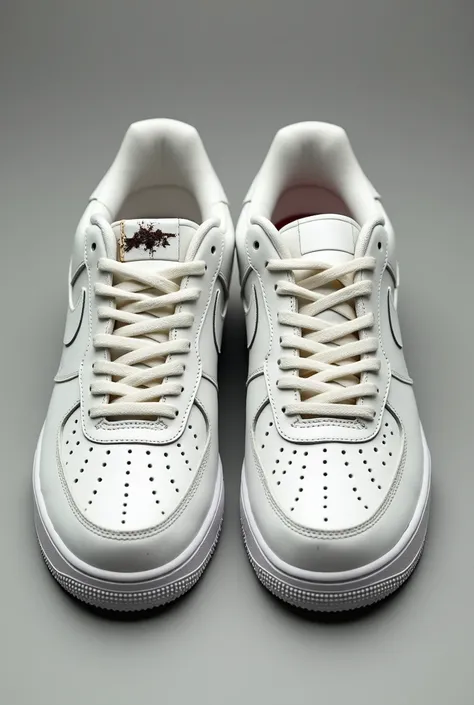 Air Force1 white sneakers with a broken tongue,  cut with scissors