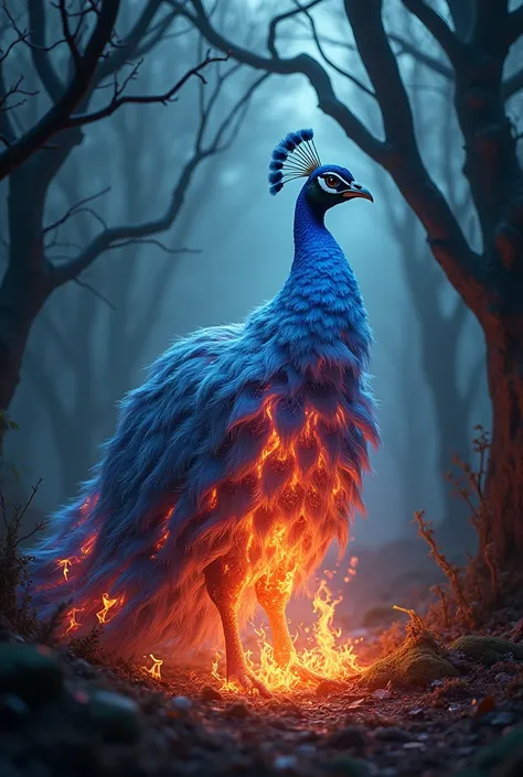 Make me a picture with a mysterious dark forest background with lots of dry leafy trees, a male peacock with its tail feathers spread wide and beautifully burning with blue and red fire. The whole body of fur and tail is covered in beautiful fire and on it...