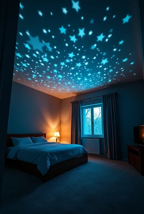 A dark Cozy room with white starlight projectot plafon, dark atmosfer 