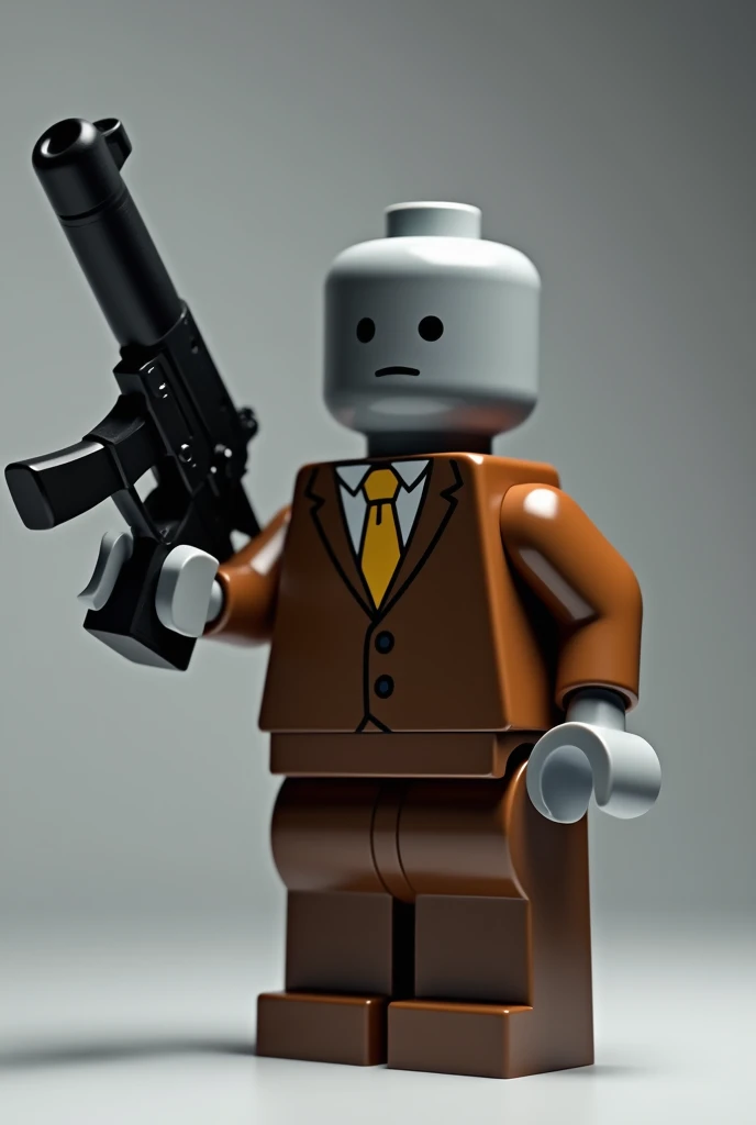 Gray skin brown suit yellow tie of  (lego)  has no eyes or mouth if you win a gun