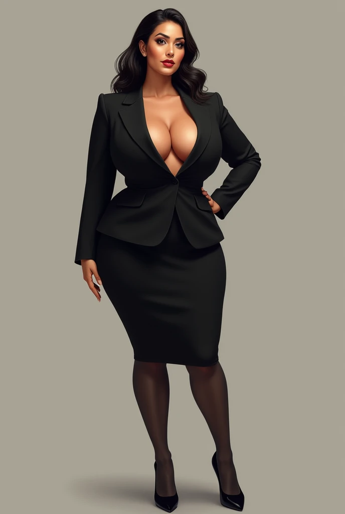 a woman with massive breasts in a black suit and black shoes, portrait, inspired by Fabian Perez , pixabay, figuration libre ,  a lady in a black coat and tights  ,  Girl in suit ,  Girl in suit , ((( Coat Neckline Joggers ))), wearing a formal business su...