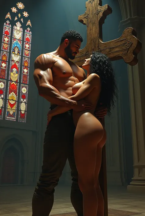 In the heart of a grand, Gothic cathedral, a towering, muscular man, his skin glistening with sweat, grips the wrist of a  woman, pinning her against a colossal wooden cross. The mans 12-inch cock, thick and veined, stands erect and throbbing, a bead of pr...