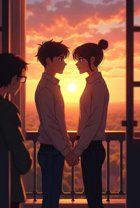  A couple of students make a vow to date each other for s as people on the school balcony at sunset and their male friend wears glasses