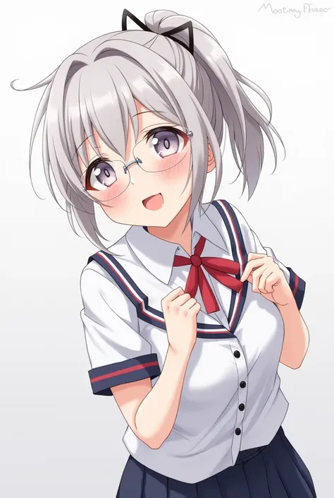   high resolution,  masterpieces ,  best quality , โมเดล high resolution, high resolutionสุด,  1 girl,  school uniform, Open chest shirt, Long hair,  Ponytail, Gray hair,  Big Bust, Open your mouth,  tongue twisters,  shy, Satisfied face, Heart in the eyes...