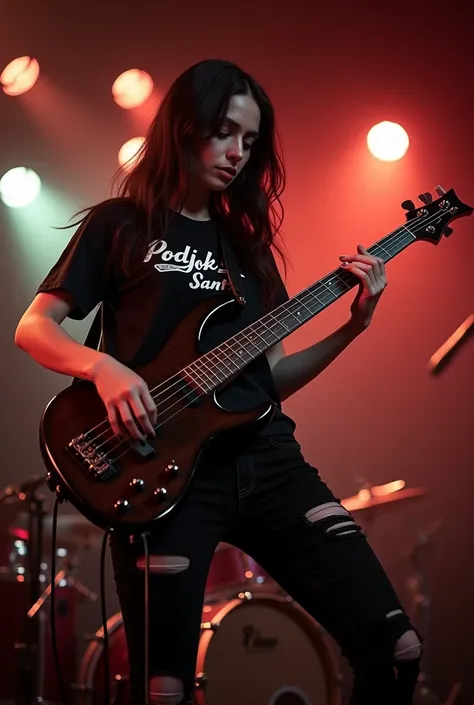 A best hyperealistic, UHD, HDR, 5D, 524 K, cinematic shot of a beautiful woman, medium soft make up, Long, straight black hair woman style,  playing hard rock music on a electric bass guitar on hard rock live music performance at stage of Coffe shop.The ma...