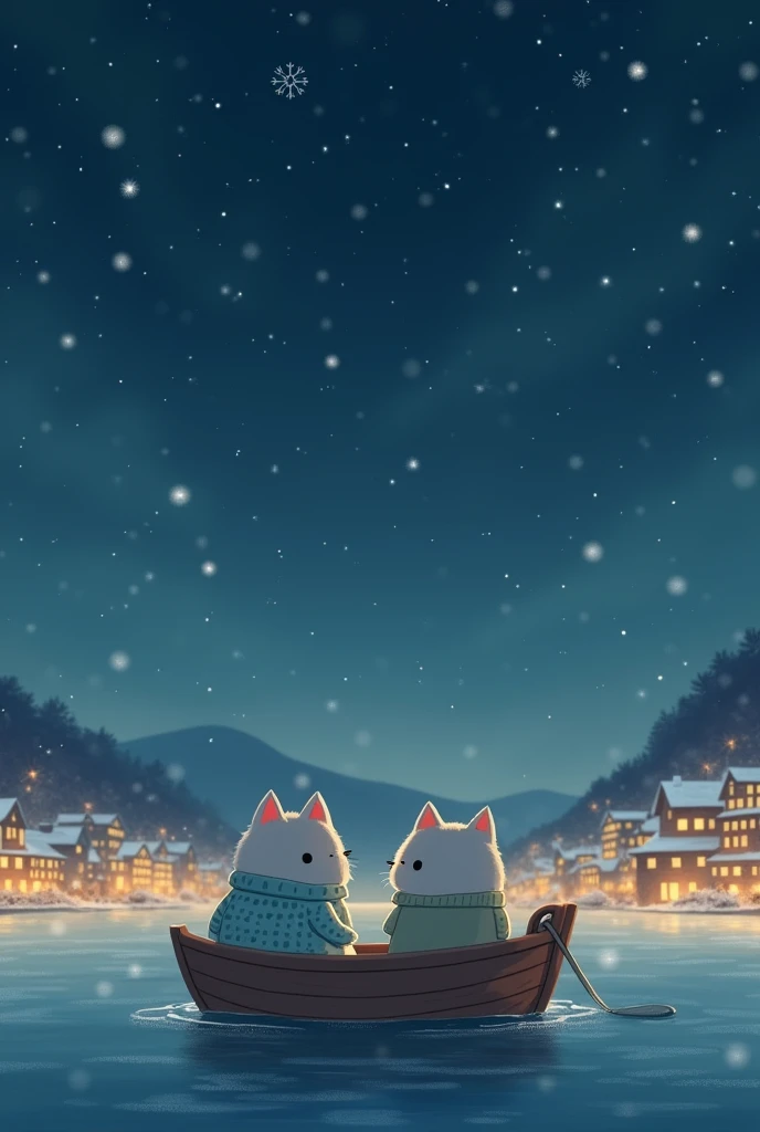 A cute grey cat in a boat floating in a starry night sky over a snowy city with a cute  wearing pajamas studio Ghibli style