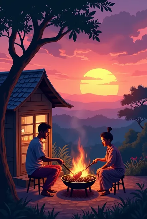 a family cooking and grilling barbecue near a small kitchen under a tree. its getting sunset and the sky is beautiful. cartoony art. better if dont show the people faces. drone view. sunset got dark purple and pink vibrant. add a Burmese traditional things...