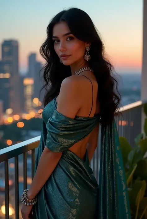 a beautiful young Russian woman big breast softly smiling wearing a sparkling dark aqua saree with intricate patterns. The saree shimmers under soft natural light, reflecting a glamorous evening vibe. The woman stands gracefully back over shoulder exposing...