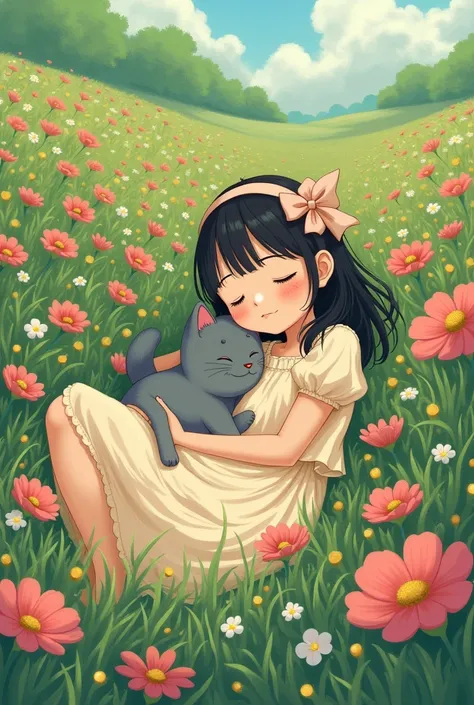 The girl is lying in a flower field, a dress, a bow on her head, a gray kitten next to her. In Studio Ghibli Styles 