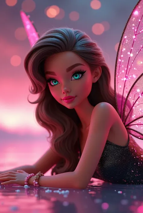 The most amazing and beautiful Christmas fairy Barbie 3D her skin  its brunette with tanning and glitter so sparkling her expresive big eyes color water turquoise crystalline like mirrors glittering with long lashes her lipstick colorin amazing pink sparkl...