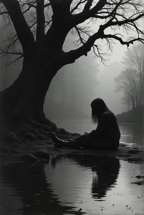  person looking at each other in reflection of water,  with a dark tree behind , in the style of Gustave Dore , black and white carbon style , man looking at his reflection in the water lying on his chest