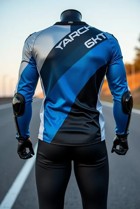 Create a motorcycle jersey with a color gradient between blue, white,  black and silver ,  long sleeve and that says on the ear  ( RACING )  ENTABLADOS with sporty and silver letters 