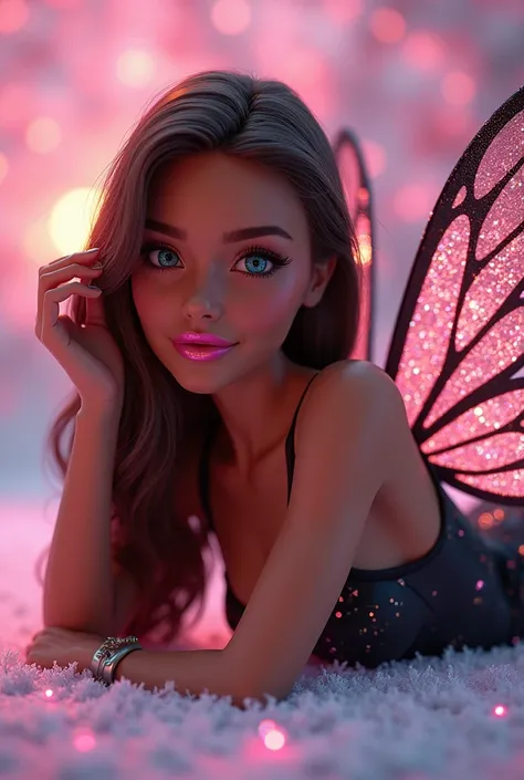 The most amazing and beautiful Christmas fairy Barbie 3D her skin  its brunette with tanning and glitter so sparkling her expresive big eyes color water turquoise crystalline like mirrors glittering with long lashes her lipstick colorin amazing pink sparkl...