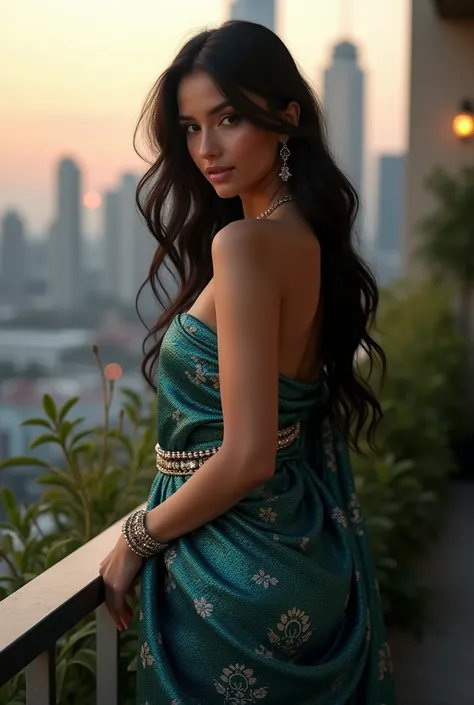 a beautiful young Russian woman big breast softly smiling wearing a sparkling dark aqua saree with intricate patterns. The saree shimmers under soft natural light, reflecting a glamorous evening vibe. The woman stands gracefully back over shoulder exposing...