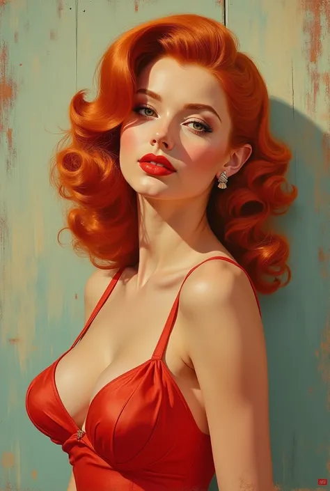 Best quality, red hair pinup, Paint in guache in Gil Elvreens style