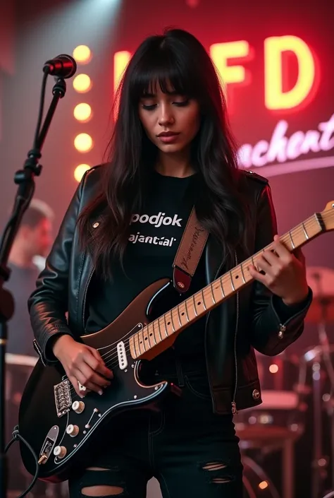 A best hyperealistic, UHD, HDR, 5D, 524 K, cinematic shot of a beautiful woman, medium soft make up, Long, straight black hair woman style,  playing hard rock music on a electric keyboard on hard rock live music performance at stage of Coffe shop.The man i...