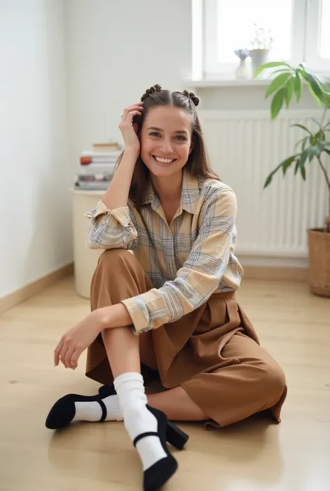 "A young woman sitting on a light wooden floor in a bright and minimalistic room with white walls. She is dressed in a stylish and casual outfit, featuring a beige plaid blouse, a brown pleated skirt, and black chunky-heeled shoes with white socks. Her hai...