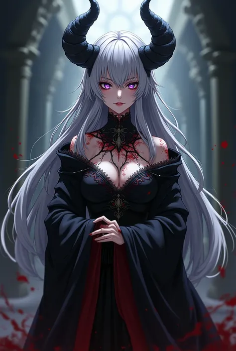 Anime style: An adult woman with long silver hair, purple eyes, wearing a black empress outfit, black dragon horns, demonic look dirty with blood, Yandere holding her beloveds coat. 