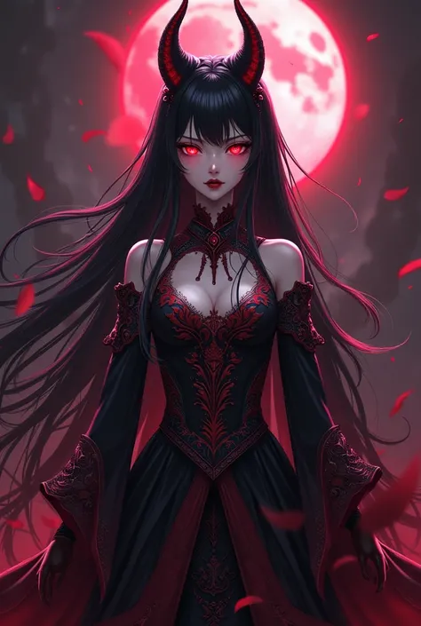 1 ,  long hair,  black hair,  red eyes, Yandere, bad, Devil&#39;s pupils, wolf ears,  Demon horns ,  tall details, Empress dress Anime style, 