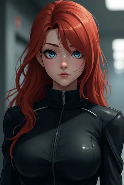  with red hair , deniz mavisi gözlü,  with navy blue eyes ,  180 in a serious top wearing a black special operations suit {x} is  with an average length but a mature looking girl whose hair is longer and you are a little younger than her age 