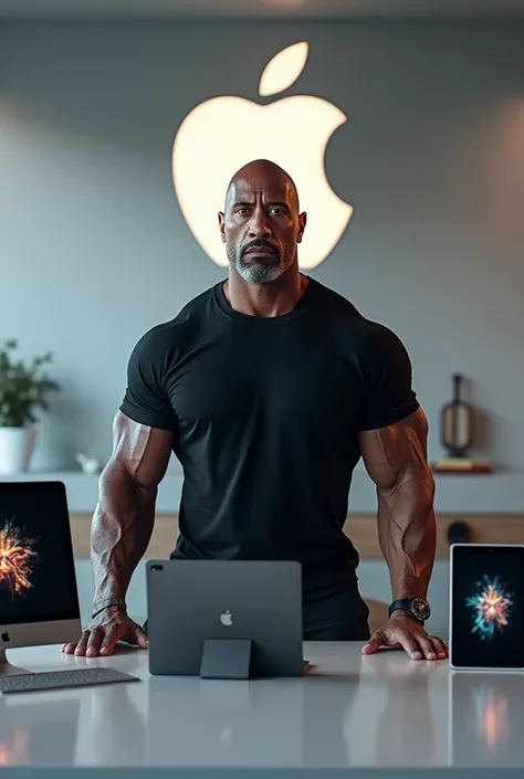 Dwayne Johnson posing with Apple gadgets like an iPhone or Apple Watch in a sleek modern environment. apple logo in the backrgound wall