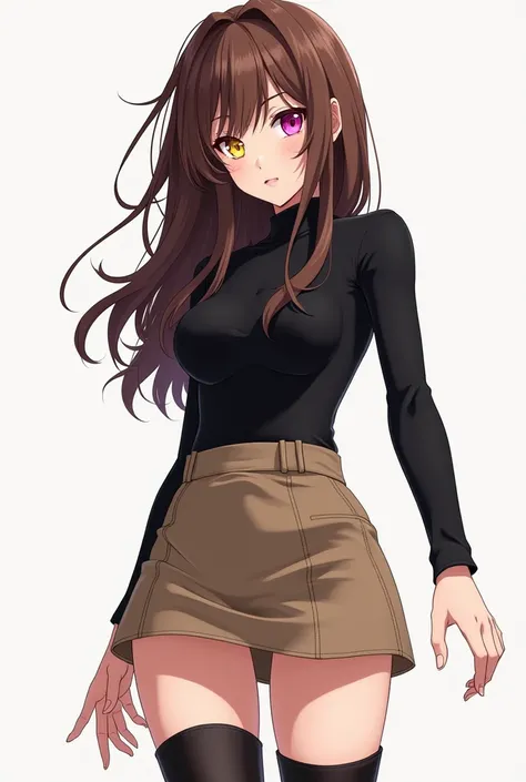  A girl with brown hair,  she has heterochromia ,  the color of her left eye is pink and the color of her right eye is yellow ,  she has medium breasts ,  She wears an outfit that combines a black turtleneck blouse, a light brown skirt ,  and black high-to...